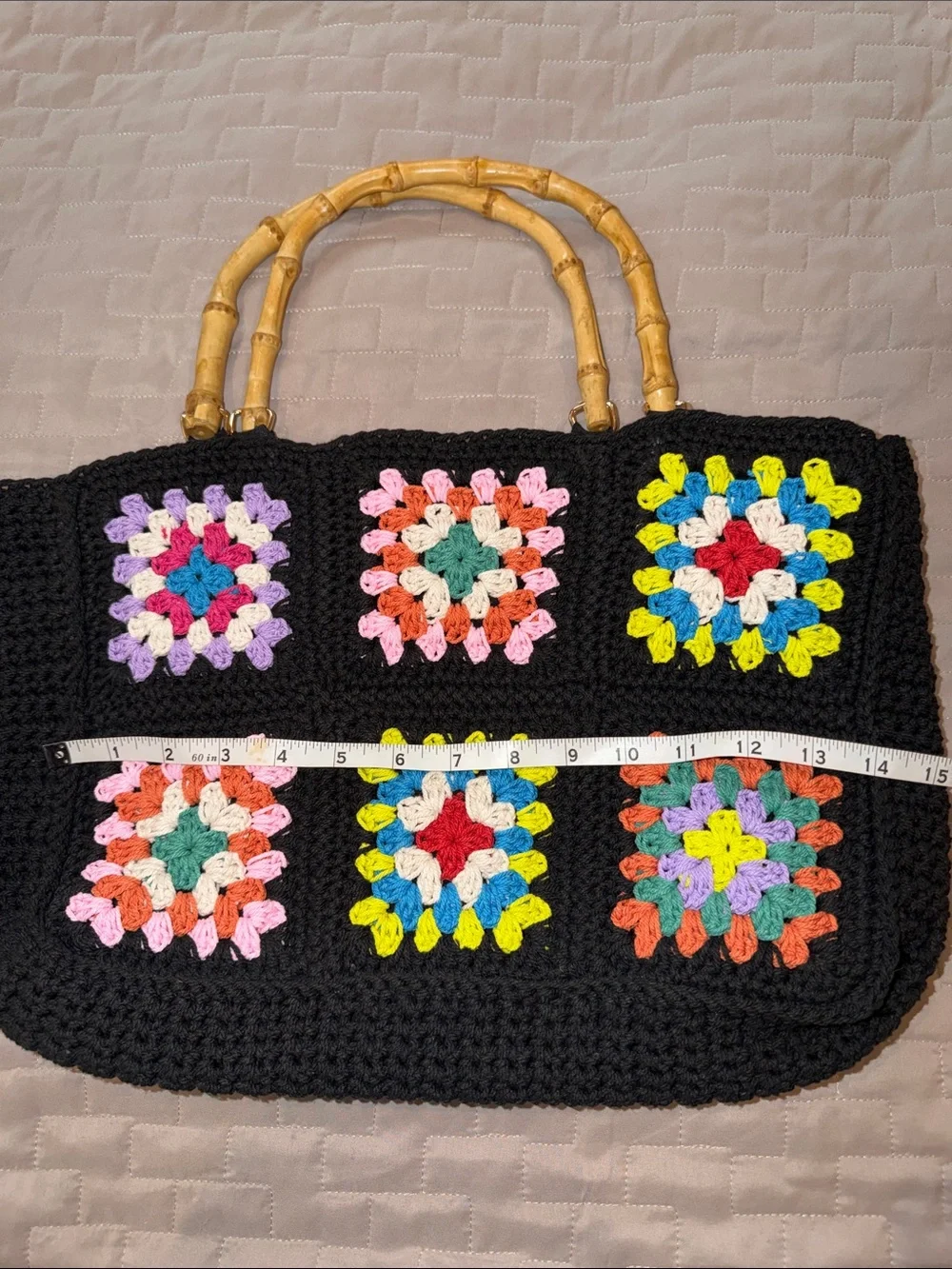 NWT Black Crochet Tote with Colorful Granny Squares and Bamboo Handles